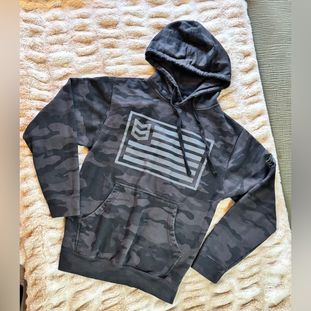 MTN OPS - Black Camo Pullover Hoodie with Subtle Flag Graphic